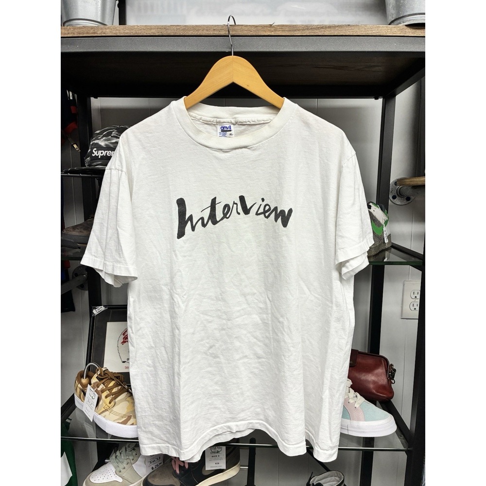 Vintage 90s Andy Warhol Interview Spell Out White Art T Shirt Size XL